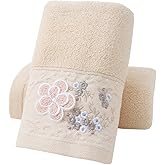Pidada Hand Towels Set of 2 Embroidered Floral Pattern 100% Cotton Absorbent Soft Decorative Towel for Bathroom (Brown)