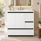 36 Inch Bathroom Vanity with Sink, Built-In Power Outlet, 3 Drawers, White | Built-In Power Outlet, Single Ceramic Sink, Freestanding Design, Bathroom Sink Cabinet, 3 Drawers, Soft-Close Door