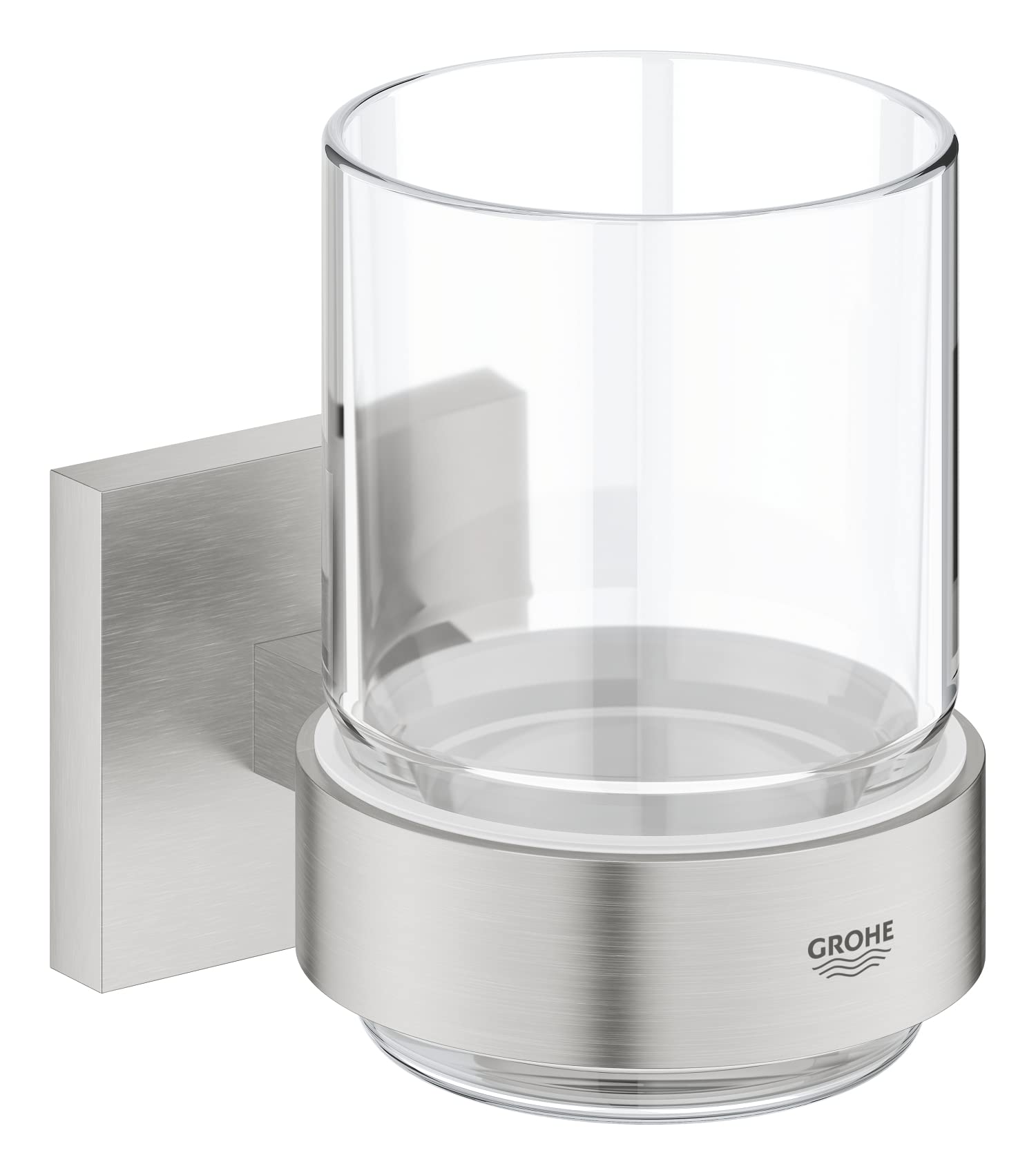 GROHE Start Cube Crystal Glass with Holder - Wall Mounted Toothbrush Holder (Glass and Metal, Concealed Fastening, with Screws and Dowels), Easy to Fit with GROHE QuickGlue, Stainless Steel, 41097DC0