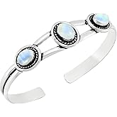 Natural Three Gemstones 925 Silver Overlay Open Bangle for Women - Oval Stone Vintage Style Handmade Adjustable Cuff Bracelet Jewelry - Perfect for Wedding & Special Occasions