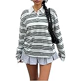 RoseSeek Women's Preppy Striped T Shirt Long Sleeve Button Front Collared Tee Top Casual Fall Clothes Streetwear