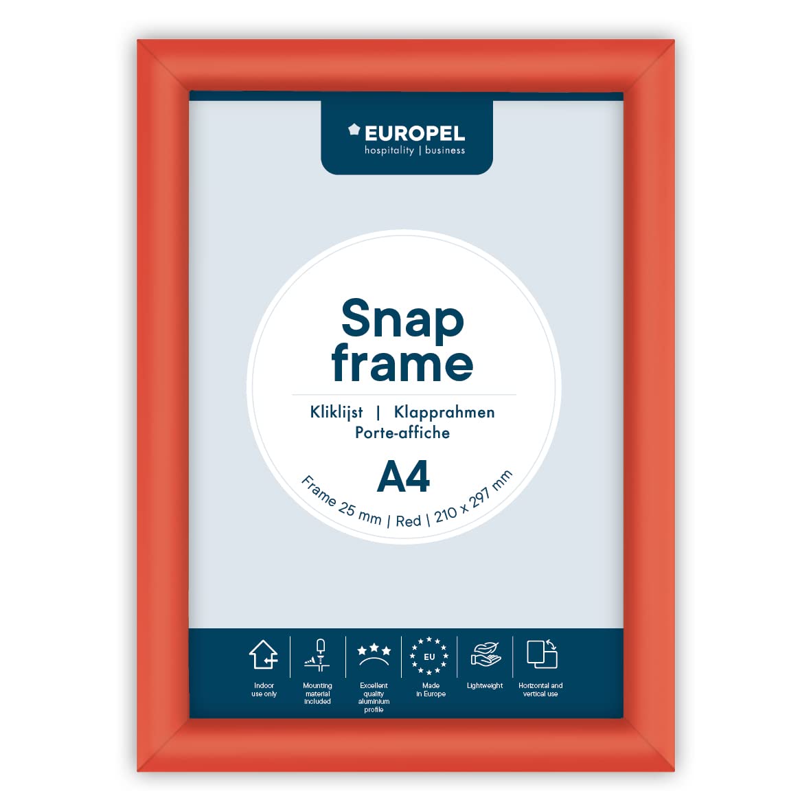EUROPEL Snap Frame Red A4, 25 mm | Aluminium Anodised Construction & Anti-Glare Cover | Clip Poster Holders for Retail & Advertising Displays | Notice Sign Board Frame for Walls
