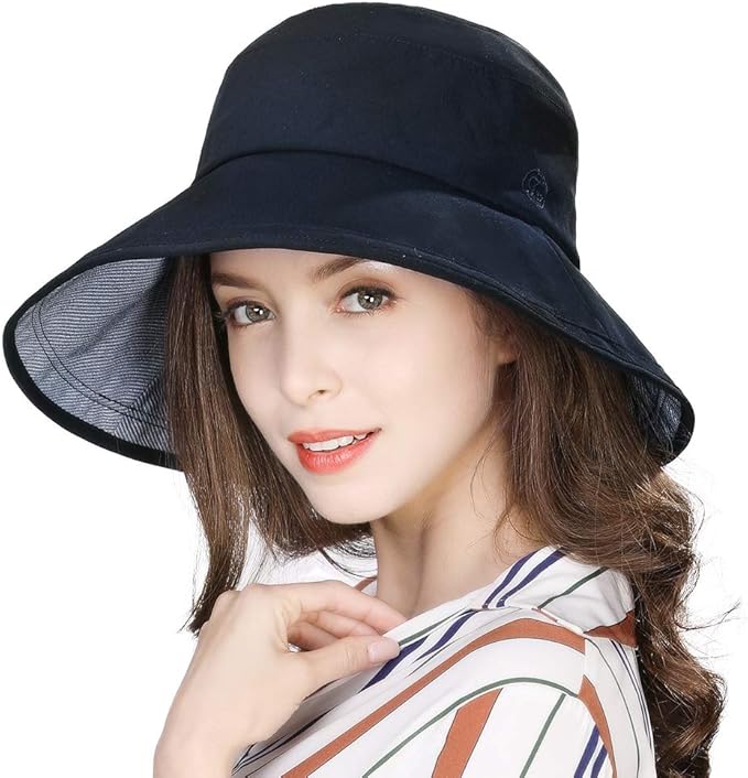 Navy Cap Women Collapsible Bucket Hat Sun Protection Summer Uv 50 Strap