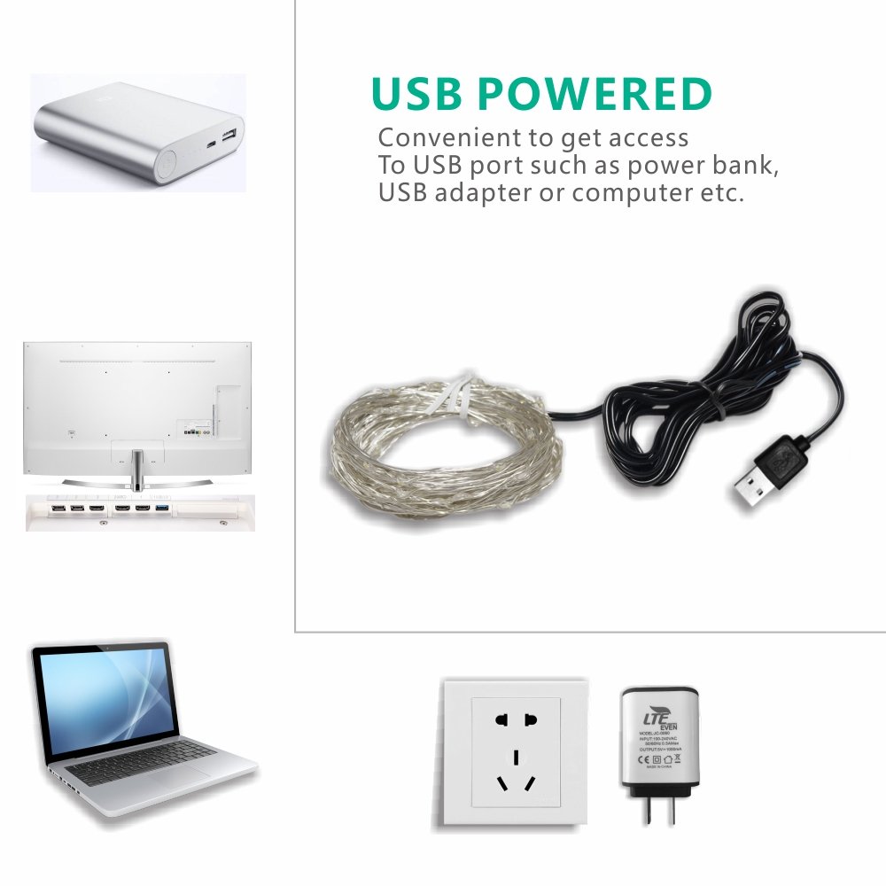 LTE 100 LED Copper Wire Lights, 33ft, Warm White, USB Powered for Halloween, Party, Wedding, DIY, Holiday Decoration