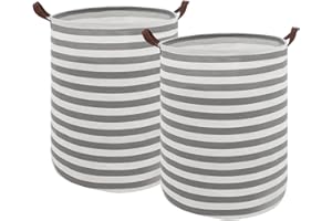 MAQIAO Freestanding Laundry Basket, 63L Freestanding Waterproof Clothes Basket, Collapsible Round Bohemia Storage Organizer with Leather Handles for Dirty Clothes, Home Storage (Grey, 2pcs)