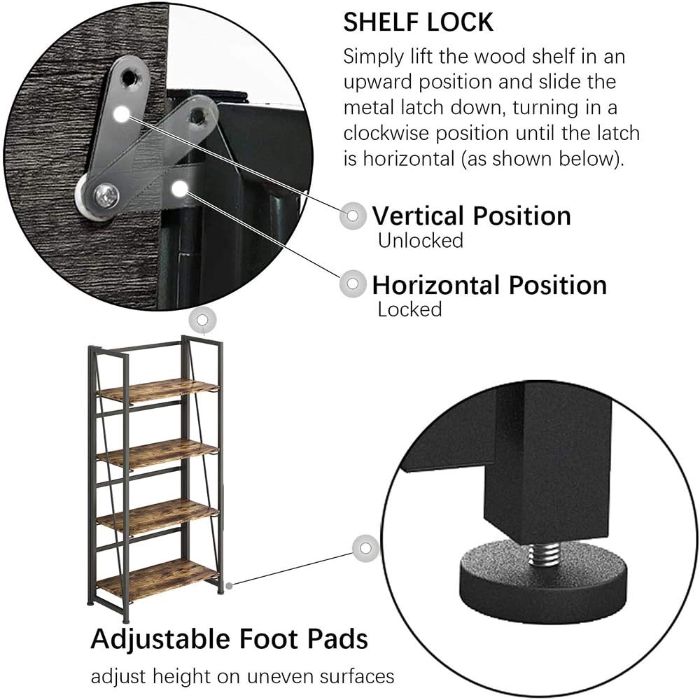 GHQME No-Assembly Folding Bookshelf Storage Shelves 4 Tiers Vintage Multifunctional Plant Flower Stand Storage Rack Shelves Bookcase for Home Office (Fire Board): Kitchen & Dining