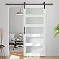 COSHOMER 38in x 80in Glass Barn Door with 6.6ft Barn Door Hardware Kit & Handle, Pre-Drilled Holes Easy Assembly -Solid Barn Door Slab Covered with Water-Proof PVC Surface, White, 5 Panel