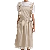 KITCHIEF Cotton Linen Apron for Women Cross Back Smock Apron Pinafore Dress with Pockets for Kitchen Gardening Painting