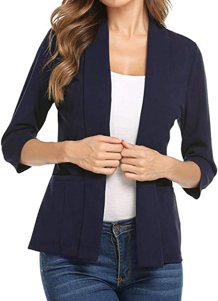 UONQD Women Mini Suit 3/4 Sleeve Open Front Work Office Blazer Jacket Cardigan