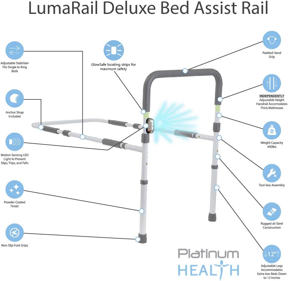 LumaRail Bed Assist Rail, Support Bar Handle. Includes LED Motion Sensor Nightlight + FREE Anchor Strap. New Model works with LOW BEDS and ADJUSTABLE HEIGHT TOP-RAIL ACCOMMODATES THICK MATTRESSES: Home & Kitchen