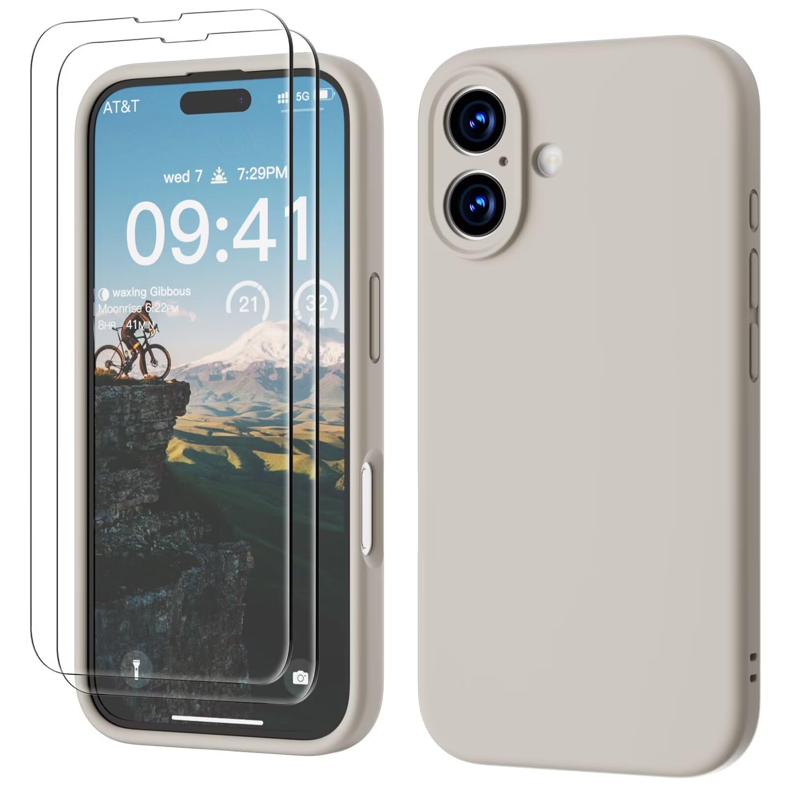 GOODVISH 3 IN 1 for iPhone 16 Case 6.1 inch, Upgraded Camera Protection, 2X HD Screen Protector, Liquid Silicone Anti-Scratch Shockproof Gel Rubber Anti-Fingerprint Phone Case Cover, Stone Grey