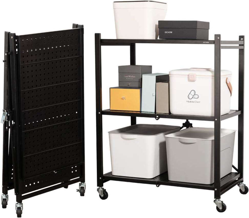 Amazon Iochow ラック メタルラック 幅71 奥行45 高さcm 3段 キッチンラック メタルシェルフ 折り畳み収納 キャスター付き ブラック メタルラック本体 オンライン通販
