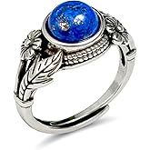 Sunongxin Lapis Lazuli Ring, Antique Silver Flower Rings for Women, Boho Vintage Jewelry for Women and Men