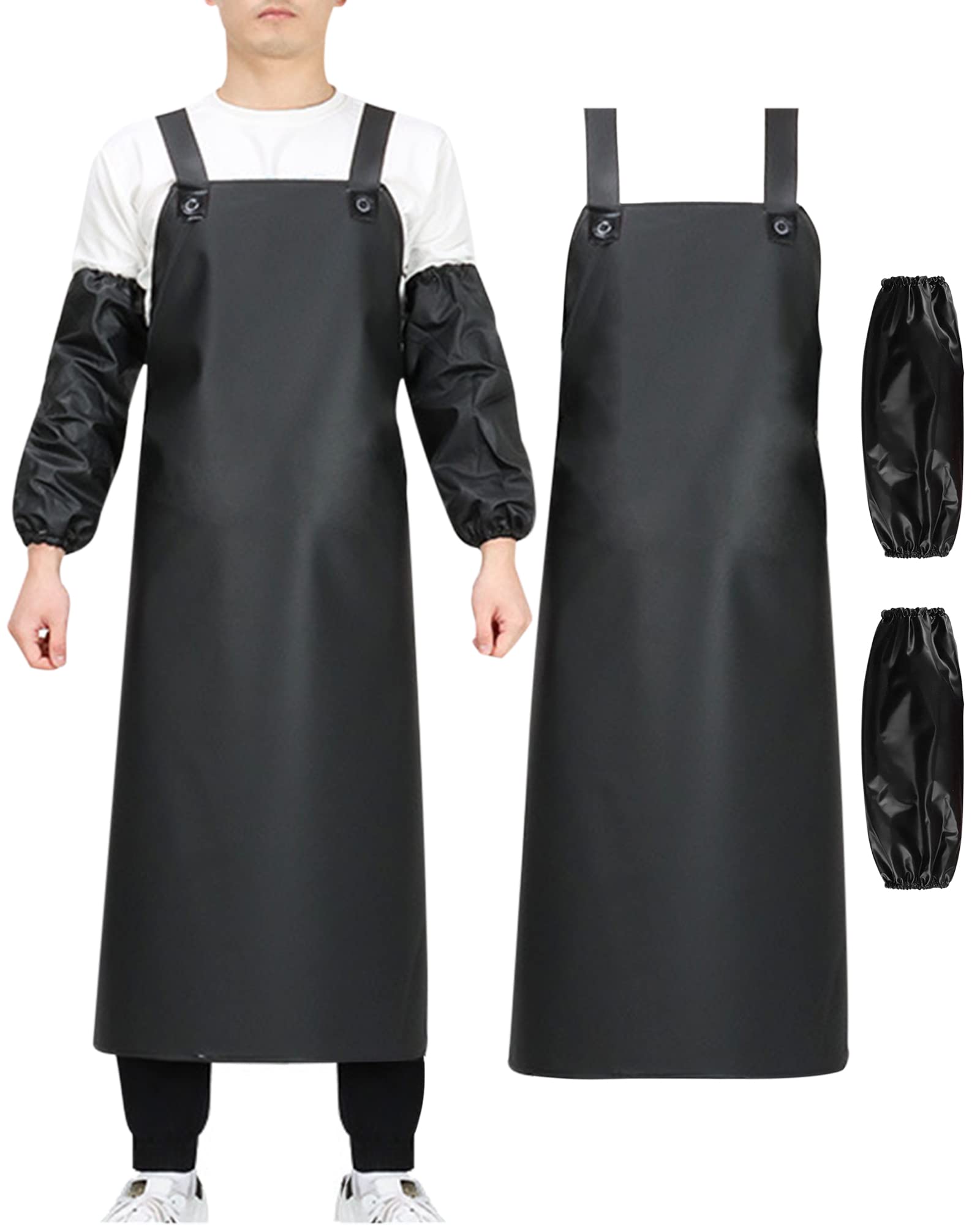Small snail Waterproof PVC Apron Heavy Duty Work Pinafore Professional Oil Chemical Stain Resistant Apron for Men Butcher Kitchen Barbeque Pet Grooming Tile Cutting Factory Fish Shop Black