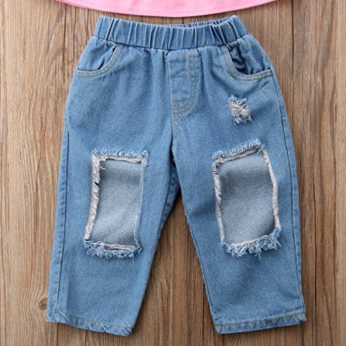3pcs Baby Girls Kids Off Shoulder Lotus Leaf Top Holes Denim Jeans Headband Outfits Set (2-3Y, Pink) - Thumbnail 3