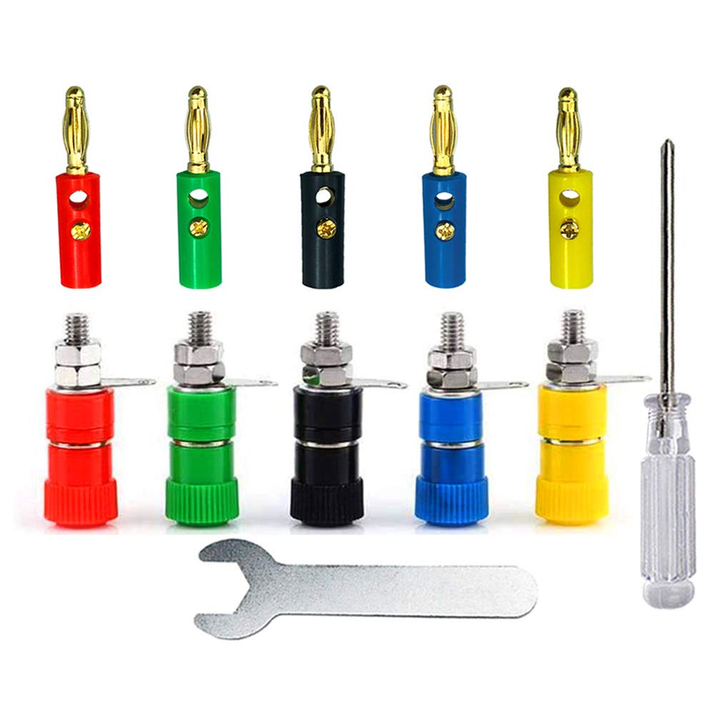 Aiqeer 20 Pairs 4 mm Banana Plug Socket Connector Set, Gold Plated Banana Plug and Binding Post Terminal Kit, for Speaker, Audio/Video Receiver (Red, Yellow, Blue, Green, Black)