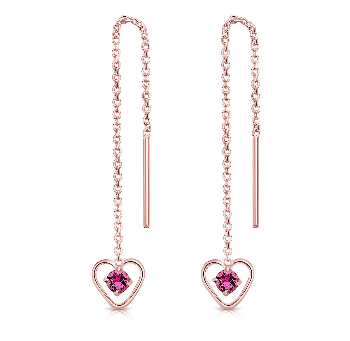925 Sterling Silver Rose Gold Plated Pull Through Earrings - Drop Chain Earrings & Dangling Crystal Heart - Length 68 mm - Colour : Pink