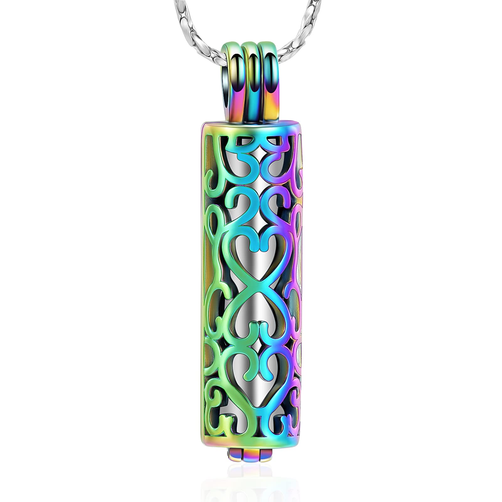 VCCWYQK Hollow Cylinder Urn Necklace for Ashes for Women Men Cremation Jewelry Keepsake Memorial Human Pet Ashes Pendant (A-Colorful+Silver)