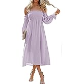 R.Vivimos Summer Dress for Women Long Sleeve Casual Plaid Print Smocked Off Shoulder A-Line Midi Dress