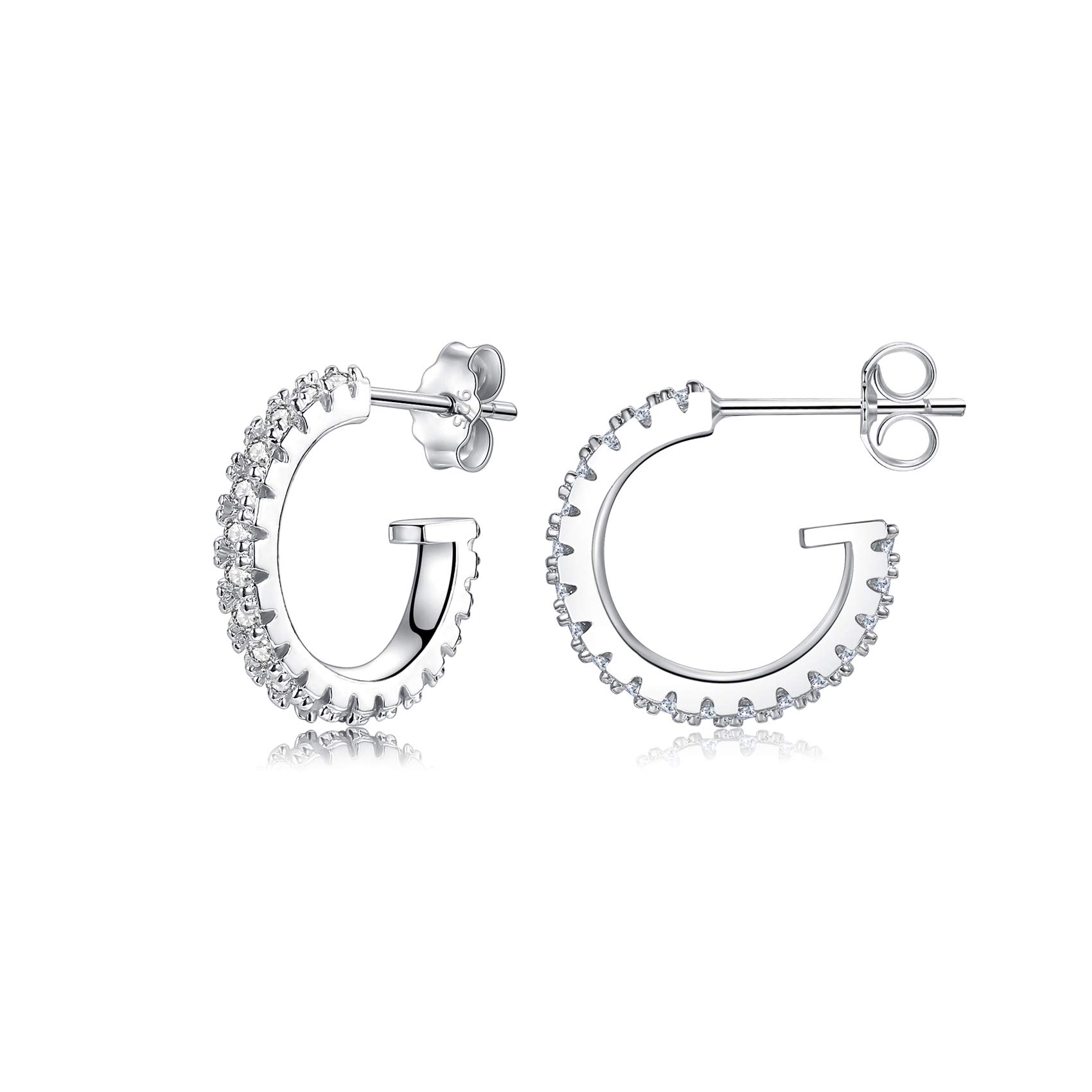 Silver Hoops Earrings for Women, Small Cubic Zirconia Paved Open Huggie Hoops | Sterling Silver Cuff Stud Earrings, Gold Earrings for Women Piercing Jewellery for Girls Teens, 8mm