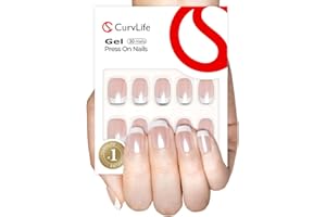 Curvlife Soft Gel Press on Nails with French Tips and Glossy Short Size Design Full Cover 15 Sizes Gel Nails, Women Reusable Nail Kit with Nail Glue Adhesive Tabs Nail File