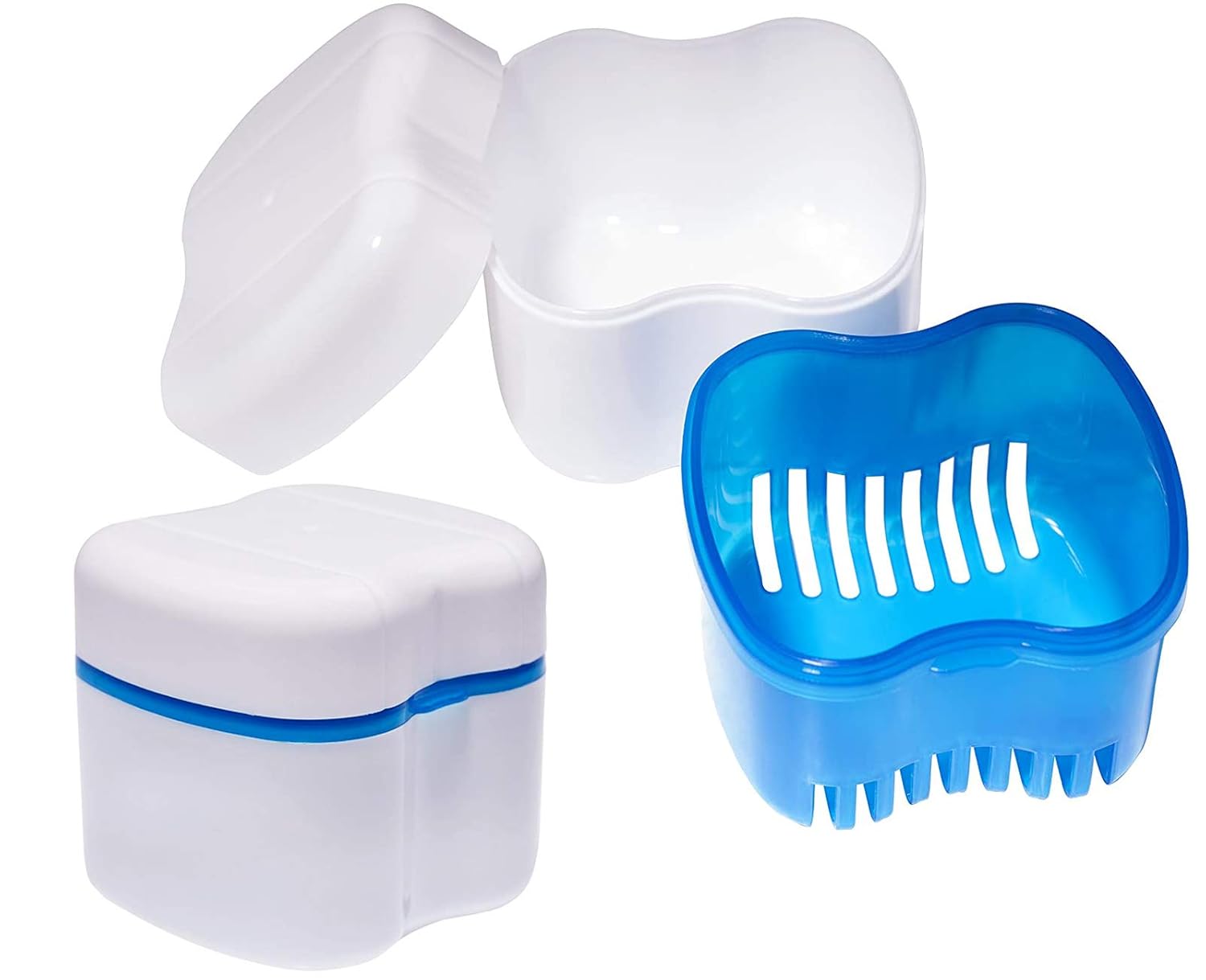 Denture Case, Denture Cups Bath, Toothbrush with hard denture, Dentures Container with Basket Denture Holder for Travel, Mouth Guard Night Gum Retainer Container (Blue) : Beauty