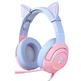 PHNIXGAM Gaming Headset for PS4, PS5, Cat Ear Headphones with Retractable Microphone, RGB Backlight, Surround Sound for PC, Mobile Phone, Gradient Pink Blue