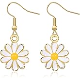 Daisy Earrings for Women, Cute White Flower Dangle Drop Earrings, Floral Bohemian Enamel Daisy Jewelry, Small Flower Hook Earrings, Gift for Wife Girls Teens