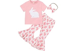 YINGISFITM Baby Girl Easter Outfit Bunny Print Short Sleeve Tee Tshirt Pants Toddler Bell Bottoms Summer Clothes 2Pcs Set