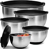 Premium Mixing Bowls with Airtight Lids Set, Thicker Stainless Steel, Black | 1.5-5 Qt Metal Nesting Bowls with Non-Slip Base