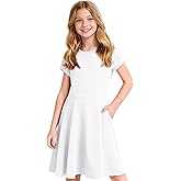 WRYGRTA Girls Short Sleeve Dress Summer Casual Dresses A-Line Uniform Twirl Dress with Pockets 5-13 Years