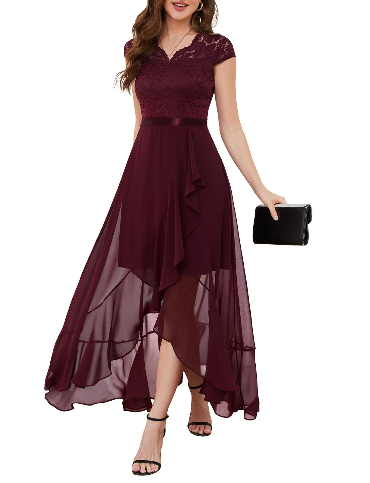 Photo 1 of Bbonlinedress Burgundy Formal Wedding Guest Bridesmaid Dress V-Neck Floral Lace Mother of The Bride Cocktail Prom Plus Size Dress Burgundy 3XL