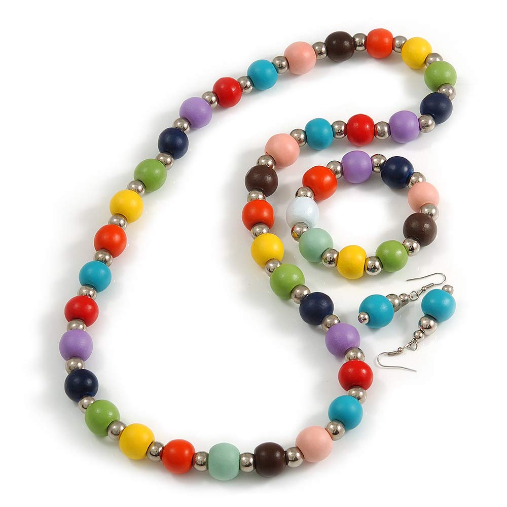 Avalaya Multicoloured Wood and Silver Acrylic Bead Necklace, Earrings, Bracelet Set - 70cm Long