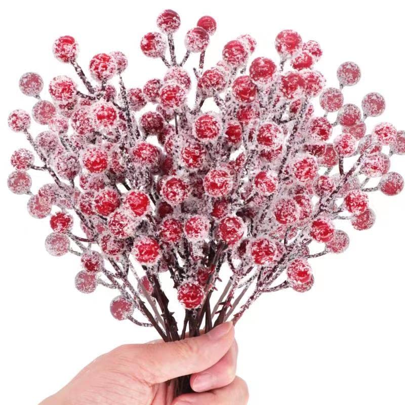 KKSTY 16 Pieces Artificial Red Berry Stems 7.8 Inch Snowy Berries Picks Christmas Tree Sprays for Xmas Decorations DIY Crafts Wreath Making Supplies Winter Season Home Party Décor (Red)