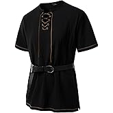JEMITOP Men's Pure Cotton Retro Short Sleeves Lace Up Shirts for Casual Renaissance Pirate Medieval Viking Without Belt