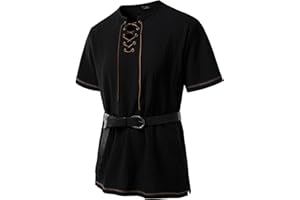 JEMITOP Men's Pure Cotton Retro Short Sleeves Lace Up Shirts for Casual Renaissance Pirate Medieval Viking Without Belt