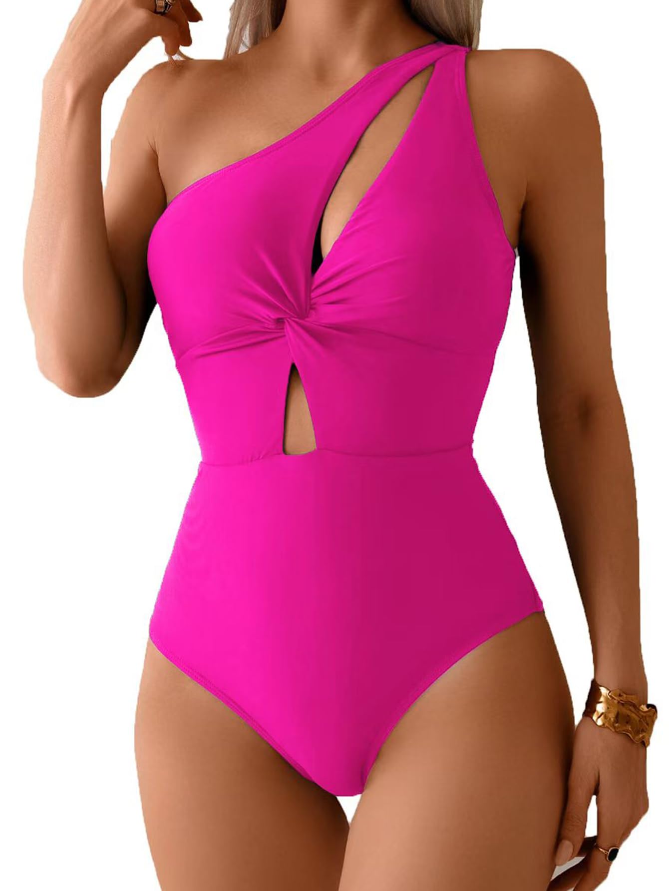 Photo 1 of Fanuerg Women One Shoulder One Piece Swimsuits Sexy Cutout Bathing Suit Twist Front Hollow Out Swimwear Hot Pink M