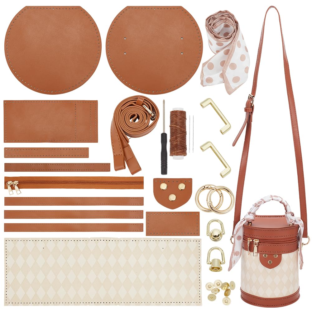 WADORN DIY PU Leather Crossbody Bag Making Kit, Shoulder Bucket Bag Making Set for Purse DIY Making Handmade Stitch Leather Bag Making Materials for DIY Handbag Accessories Shoulder Bag Making, Brown