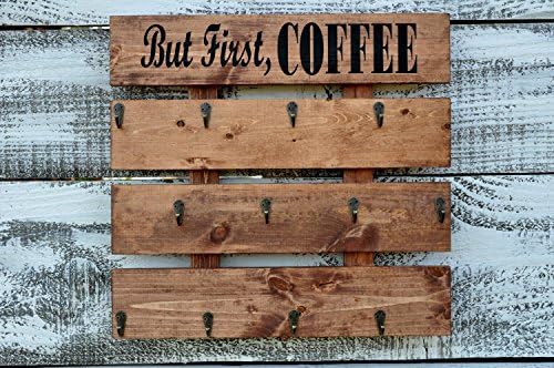 Rustic Pallet Wood Coffee Cup Rack your Color Choice 12 Mug Hooks Large Wall Mounted Mug Storage But First Coffee