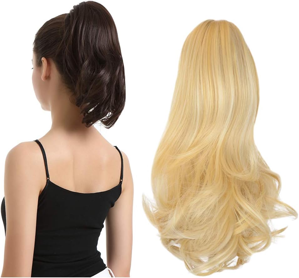 BARSDAR 13 Inch Hair Piece Long Curly Ponytail Jaw Extension Drawstring Natural Hair Extension Synthetic Clip In Claw Hairpiece For Women (Ash Blonde & Bleach Blonde)