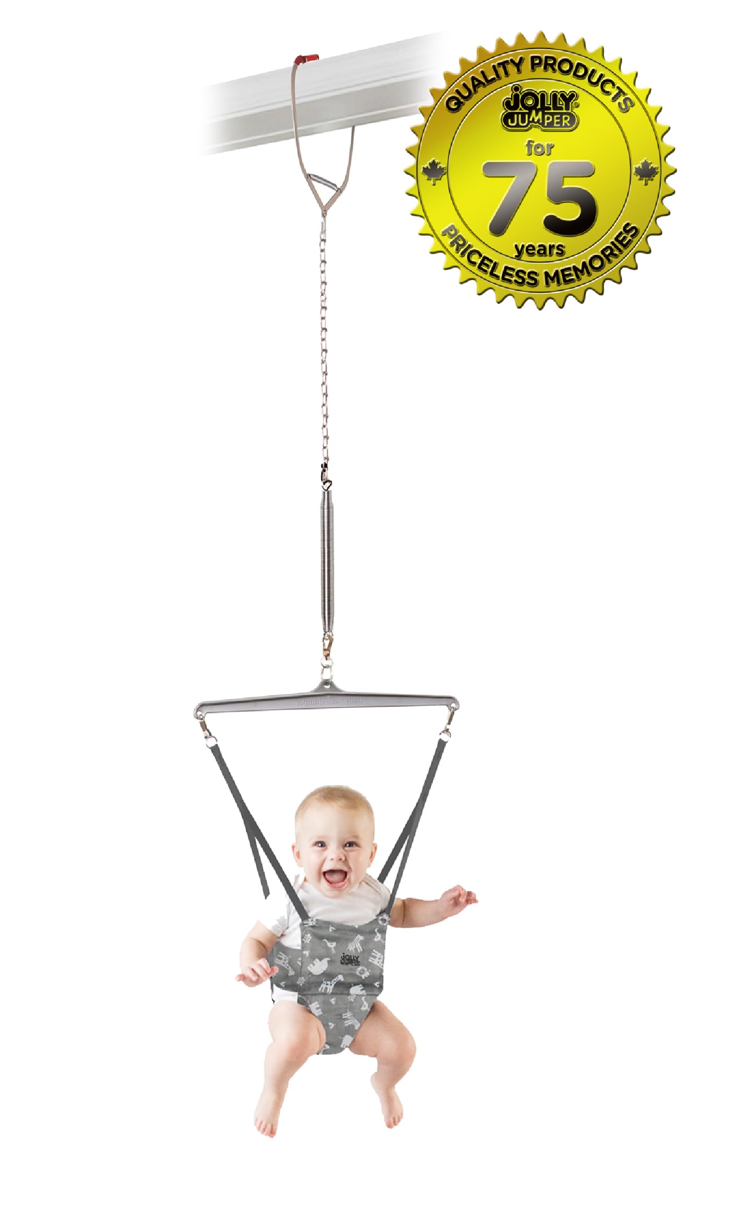 Jolly Jumper Iconic (Grey Safari), Doorway Baby Jumper, Indoor Exercise Saddle Seat, Adjustable Height, for Infants up to 28lbs, Black, No Stand Required