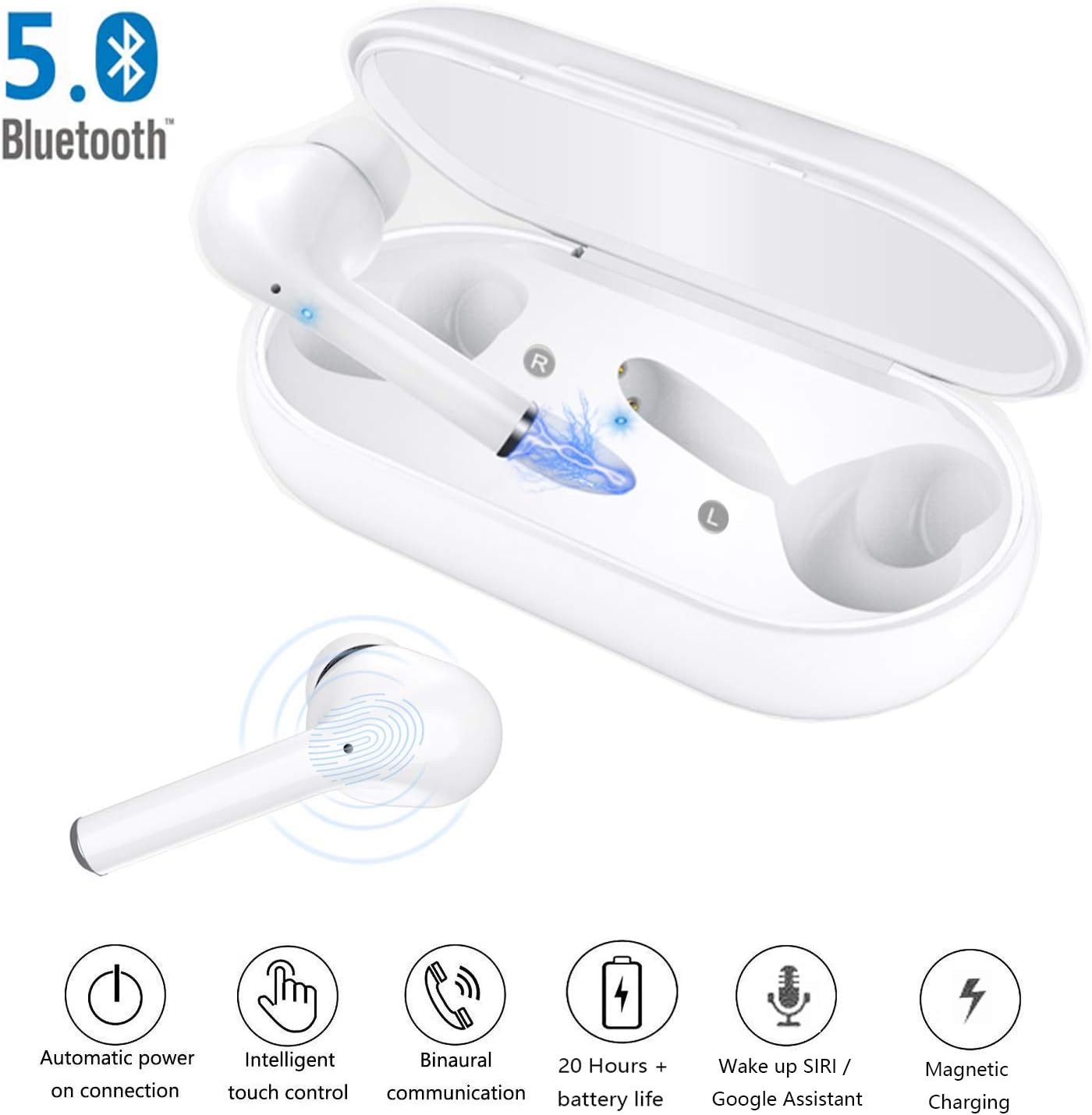 HONFAY wireless earbuds, bluetooth 5.0 earphones true wireless stereo mini in-ear earbud headphones premium sound noise cancelling automatic pairing 20H battery portable charging case