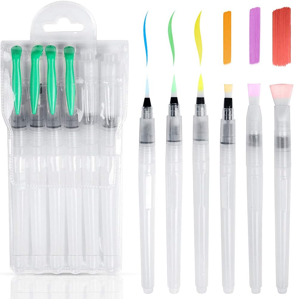 Water Brush Pens Watercolor Brushes 6 Pcs Set With Different Size Tips Water Reservoir Pen For Watercolour Painting Oil Acrylic Painting and Calligraphy