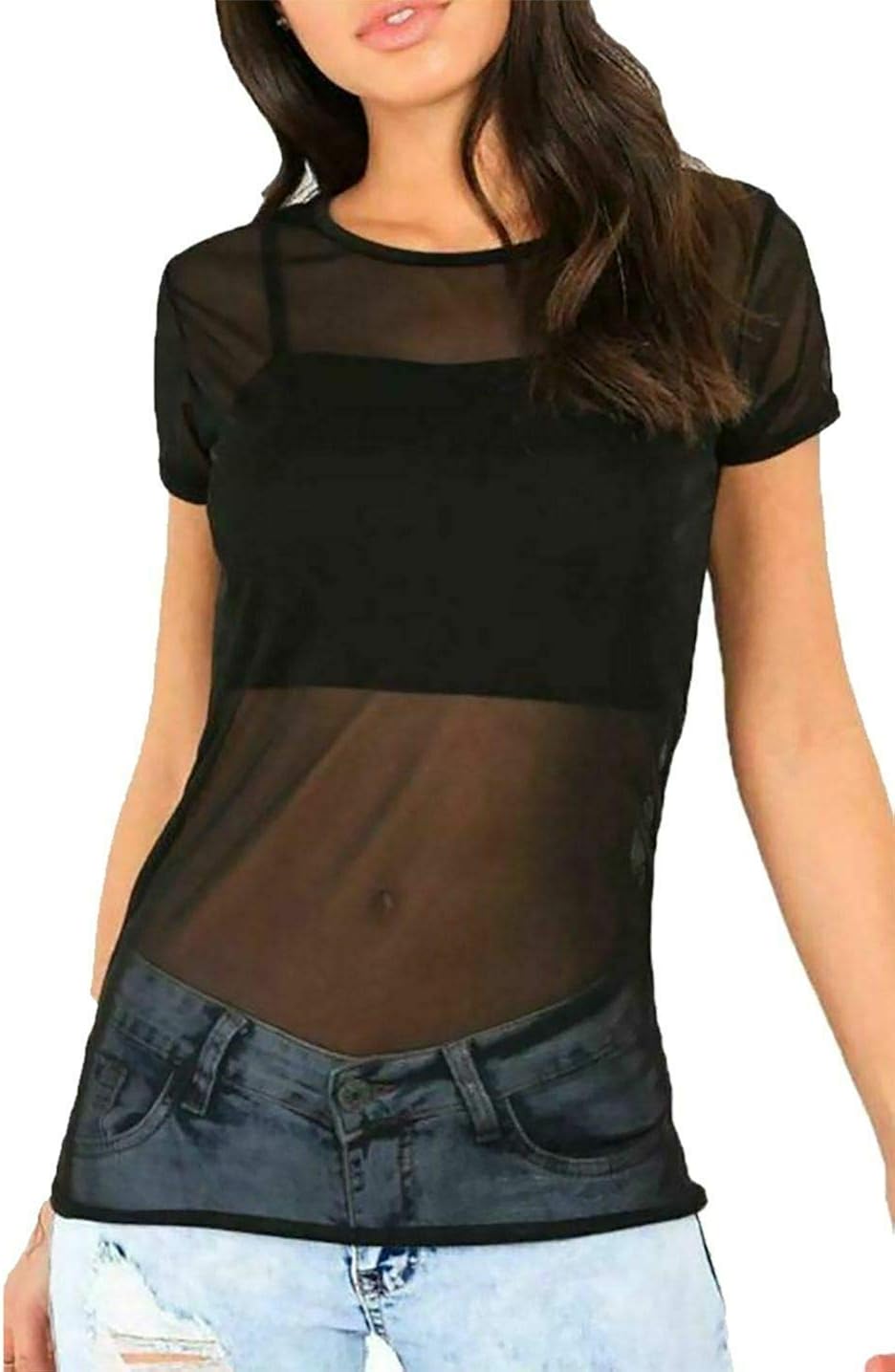 Womens Sheer Mesh See Through Long Sleeve T Shirt Ladies Short Sleeve