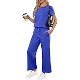 ANRABESS Women 2 Piece Lounge Sets Summer Travel Sweat Outfits Short Sleeve Wide Leg Casual Matching Tracksuits Clothes