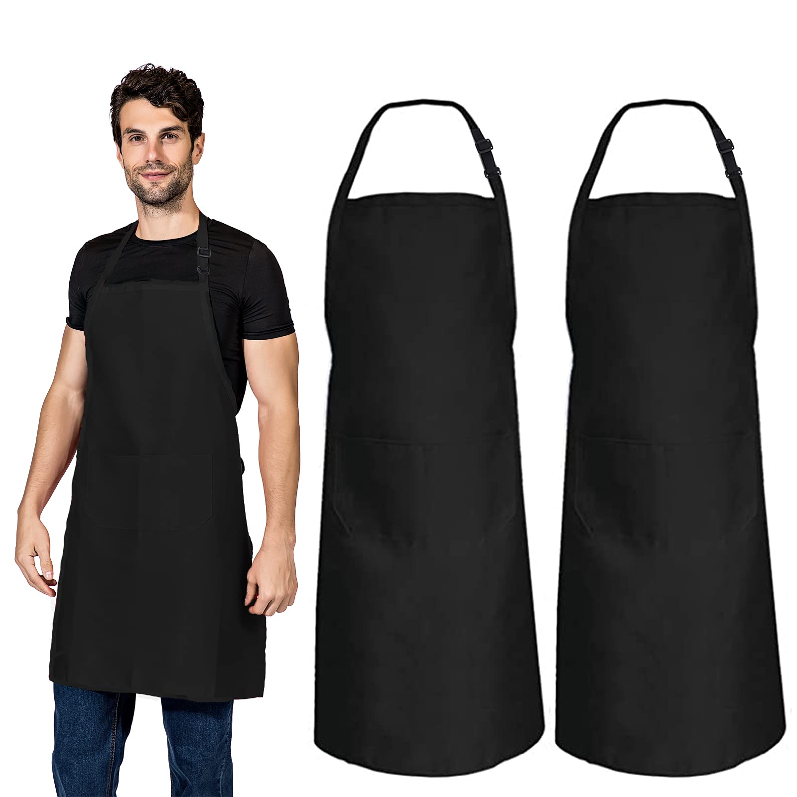 CWFUN Black Adjustable Bib Apron Waterdrop Resistant with 2 Pockets-Size 32x 28 Inches Cooking Kitchen BBQ Aprons for Women Men Chef, Black-2 Pcs …
