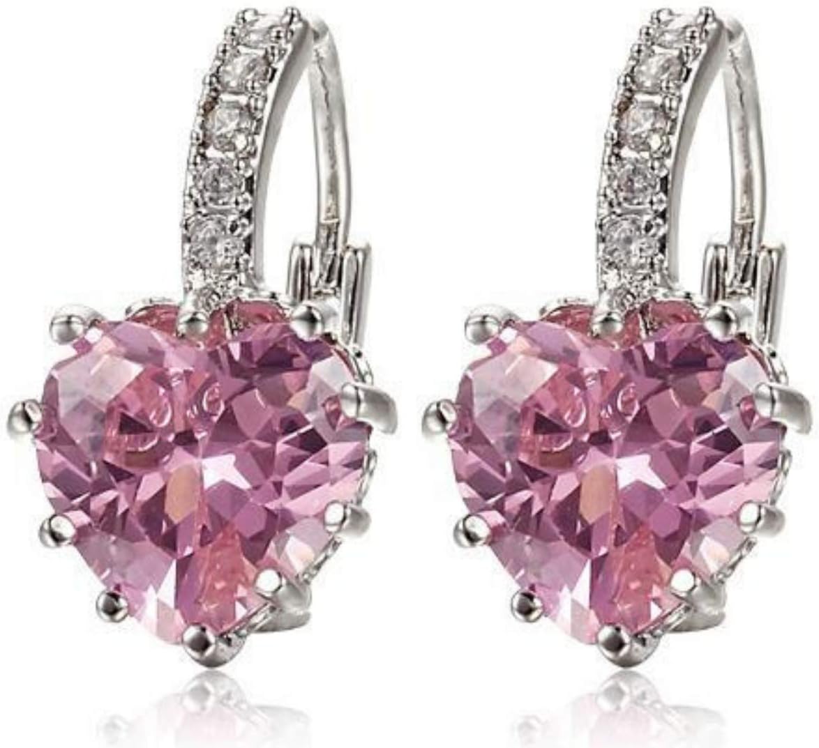 Ruby Pink Crystal Heart Hoop Earrings For Women