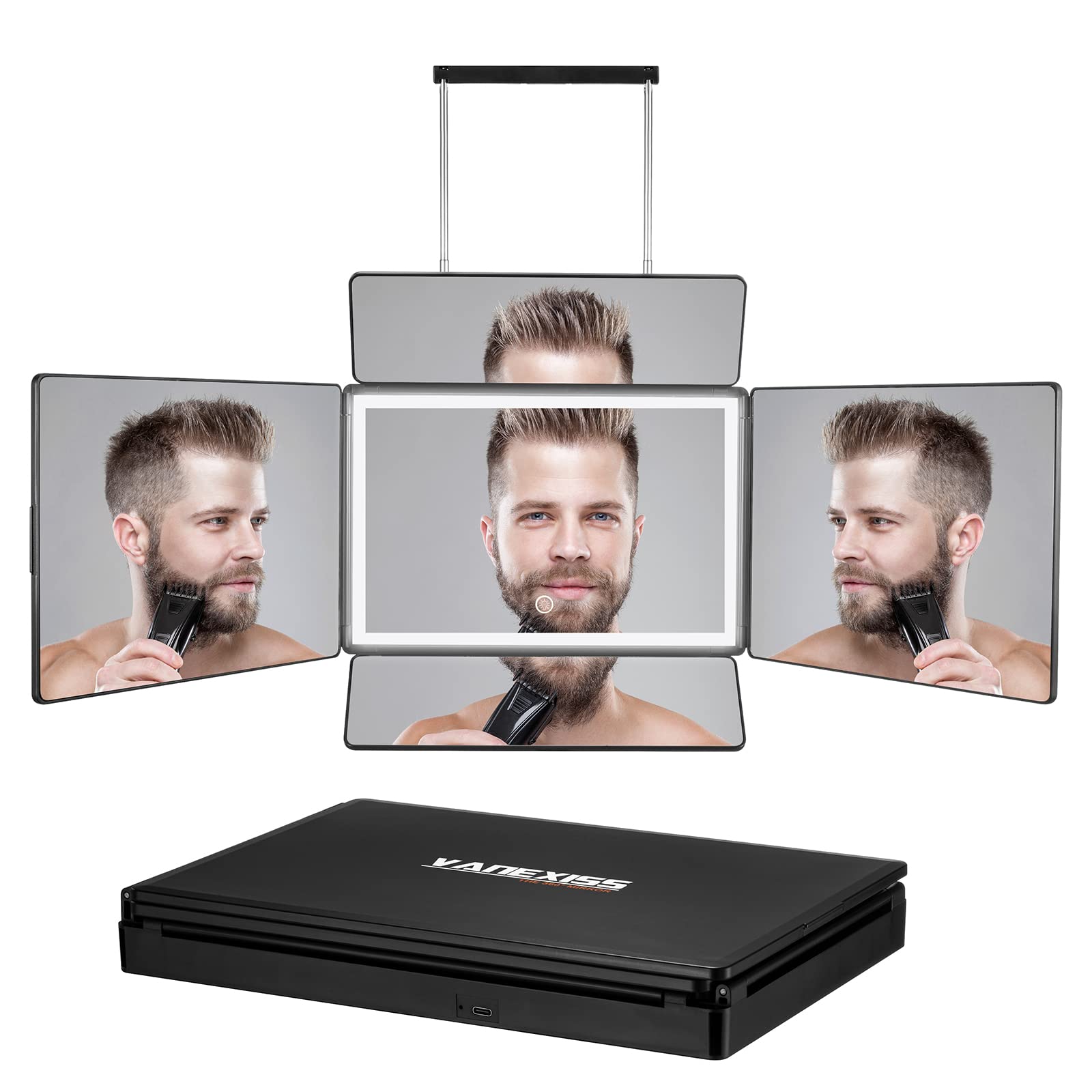 Photo 1 of Rechargeable 5 Way Mirror for Hair Cutting, Real Glass Adjustable Trifold Mirror with Light & Telescoping Hooks for Makeup & Styling - Portable DIY Tool to Cut, Trim or Shave Your Head & Neckline