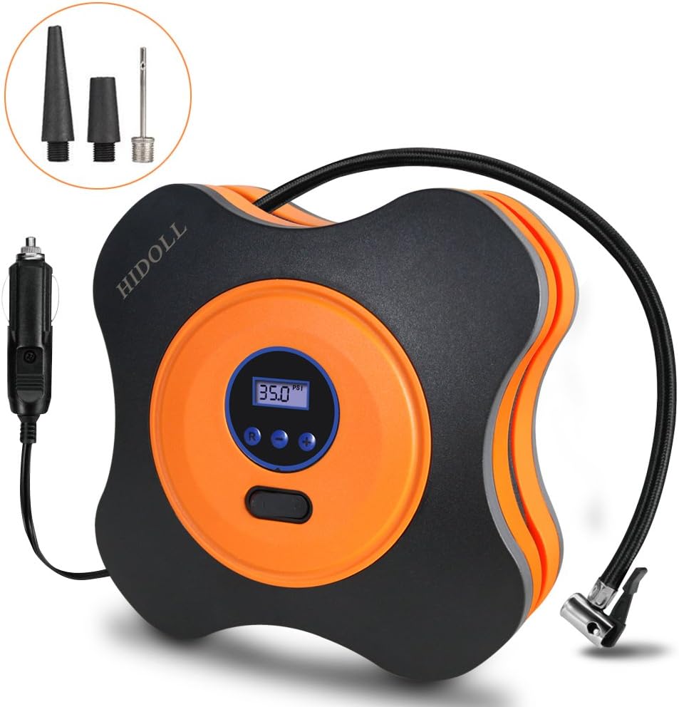 HIDOLL Portable Air Compressor Pump 150PSI 12V - Digital Tire Inflator - Auto Tire Pump with Emergency Led Lighting and Long Cable for Car - Bicycle - Motorcycle - Basketball and Other (Orange)