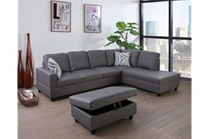 A Ainehome Dark Grey Leather Sectional Sofa Set, Living Room, Right Hand Facing, Includes Chaise & Ottoman